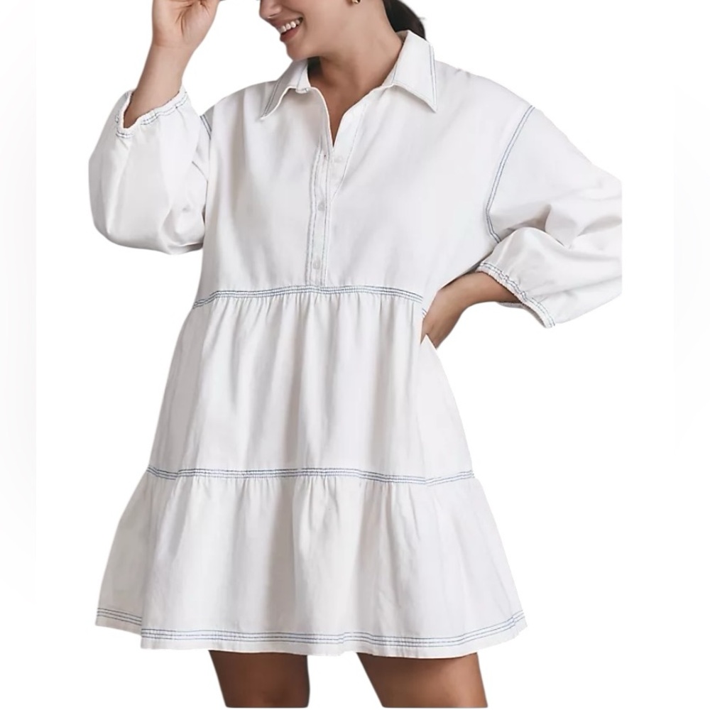 Maeve White Tiered Collared Popover Dress